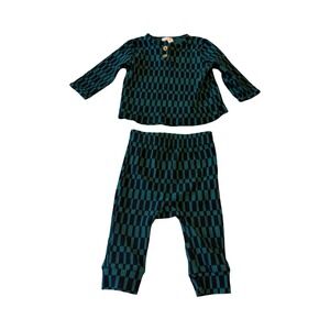 Cat & Jack Baby 3-6M Teal Black Checkered Ribbed Knit Henley Top & Leggings Set